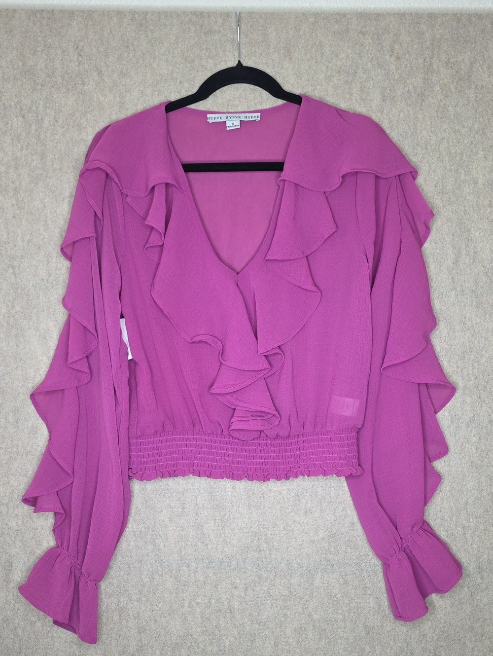 HYFVE Victorian Ruffle V-Neck Long Sleeve Blouse Smocked Waist Fuchsia Pink NWT